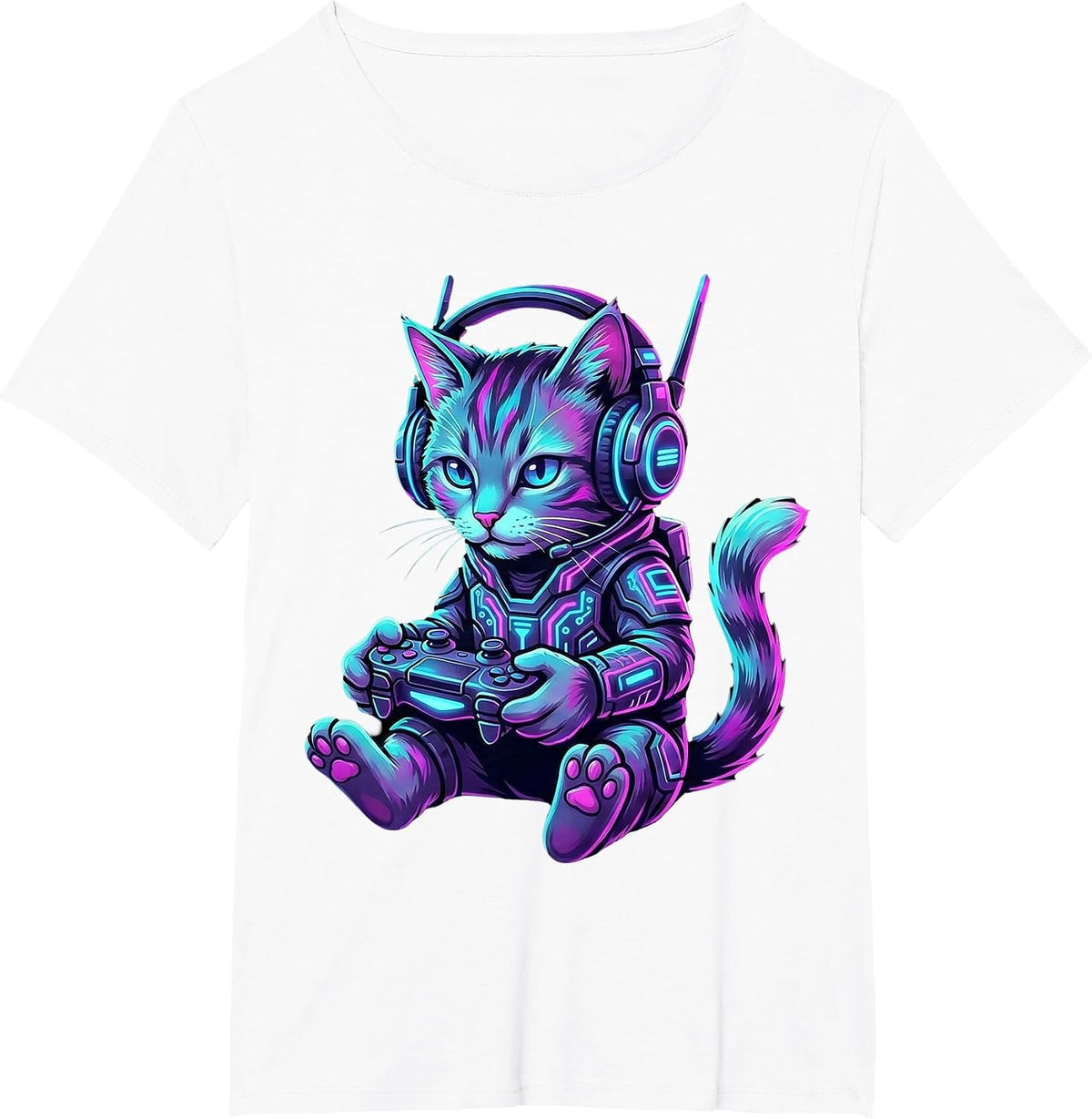 Funny Cyberpunk Cat Gamer Teen Boy Video Gaming for Men Kids T-Shirt - White