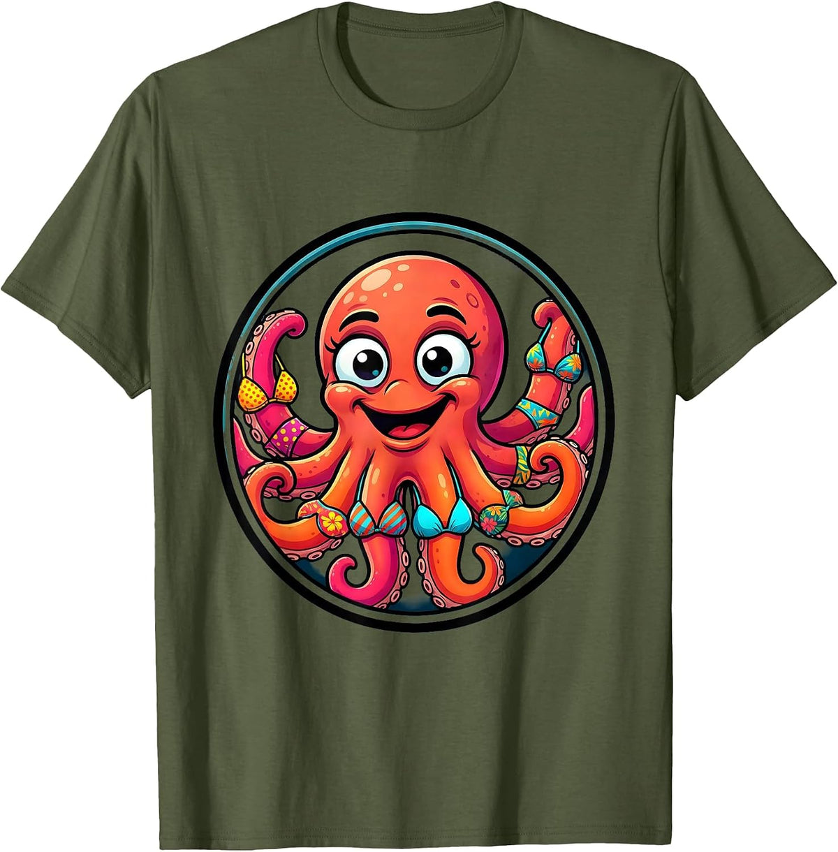 Men's Octopus Wearing Colorful Bikini Tops Graphic Tee T-Shirt - Olive Green