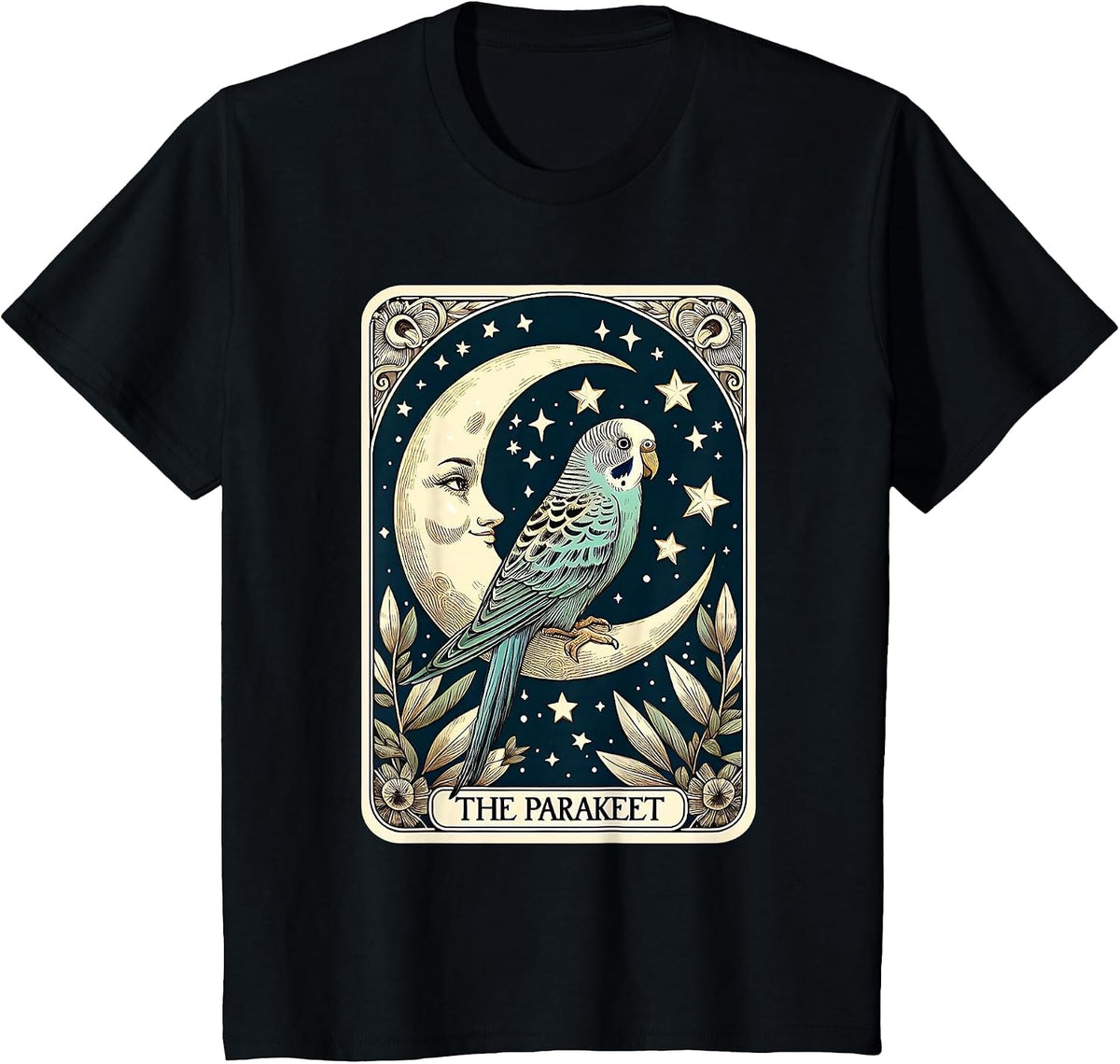 Cute Parakeet Tarot Card Star with the Moon Men Women Kids T-Shirt - Black