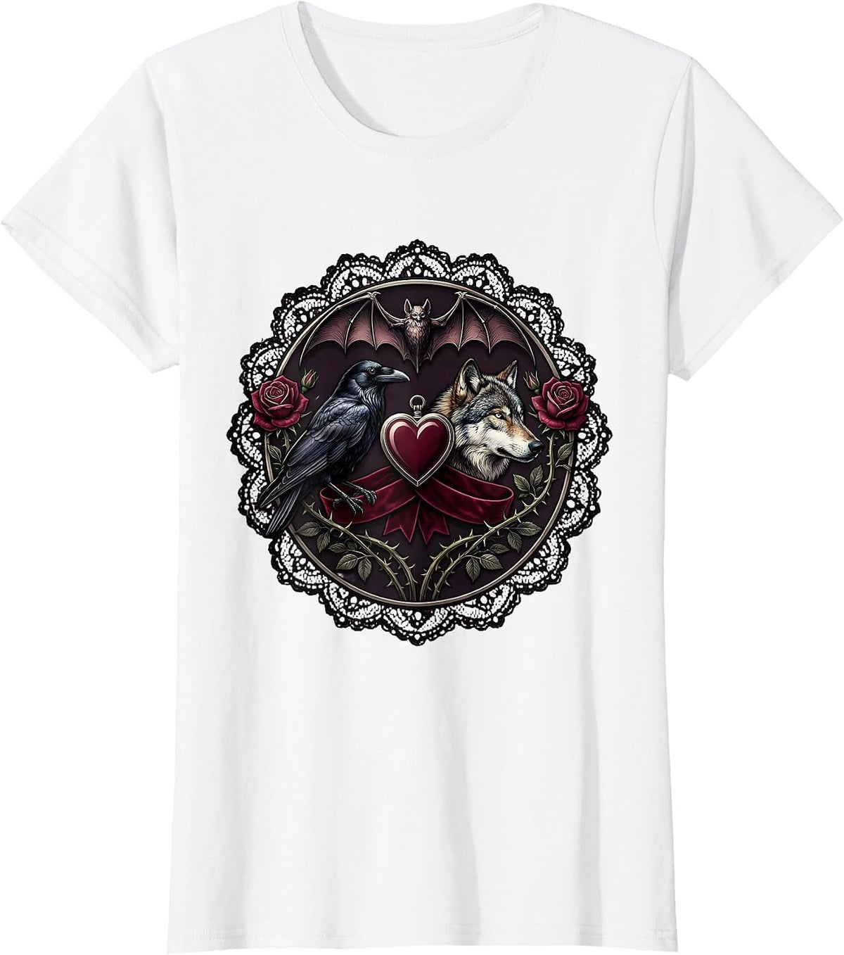 Women's Crow and Wolf Side by Side Wildlife Art Design T-Shirt - White