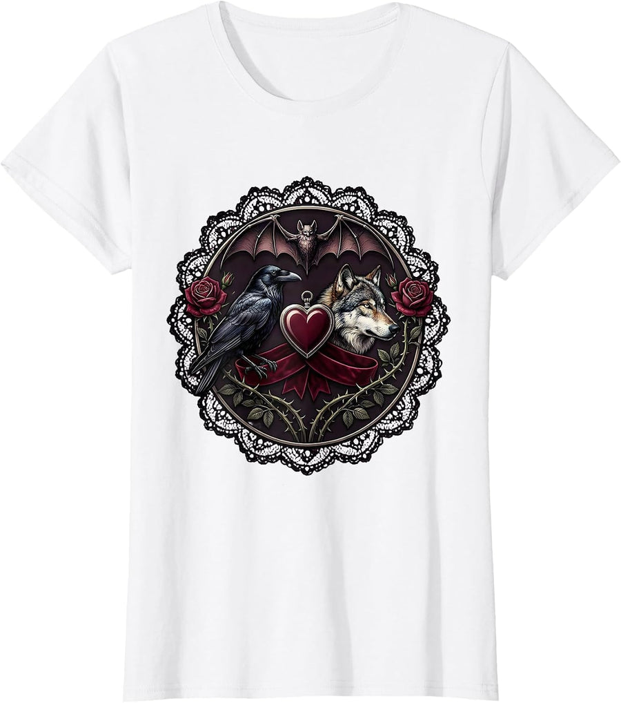 Women's Crow and Wolf Side by Side Wildlife Art Design T-Shirt - White