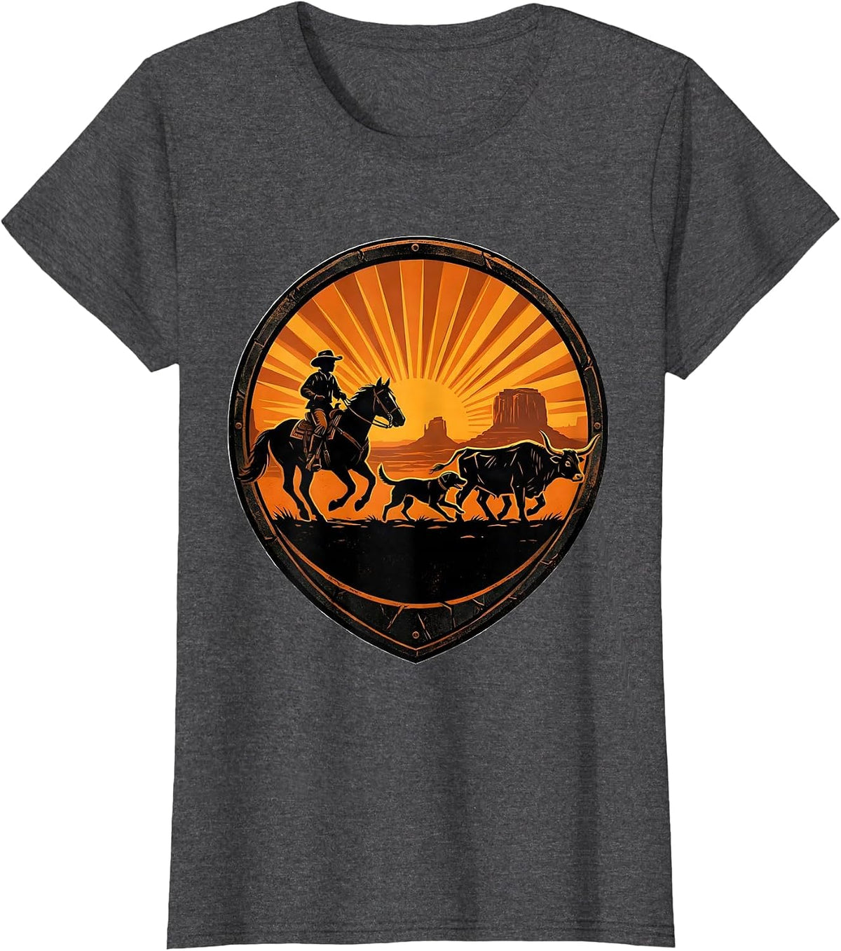 Women's Western Boy and Dog Herding Cattle at Dawn T-Shirt - Dark Heather Grey
