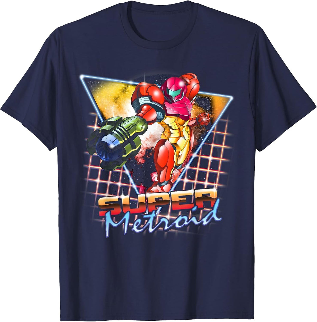 Nintendo Super Metroid Samus Grid Neon Chrome Poster T-Shirt - Navy Blue