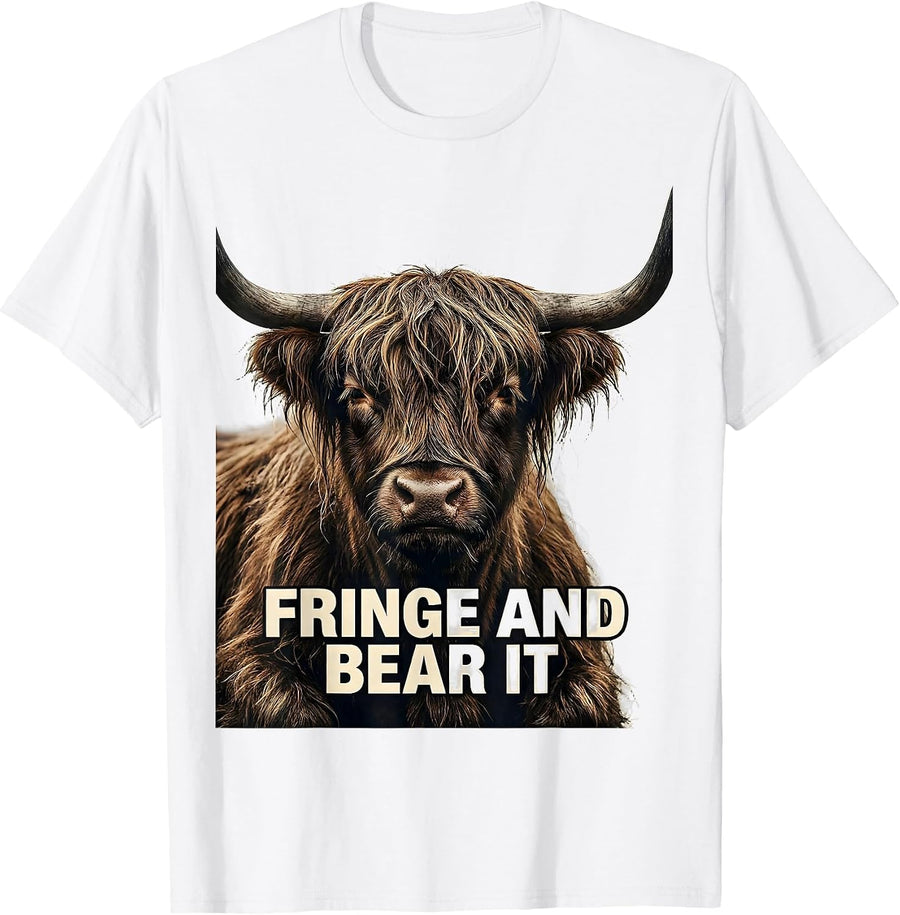 Men's Fringe And Bear It Funny Highland Cow Farm Animal Lover T-Shirt - White