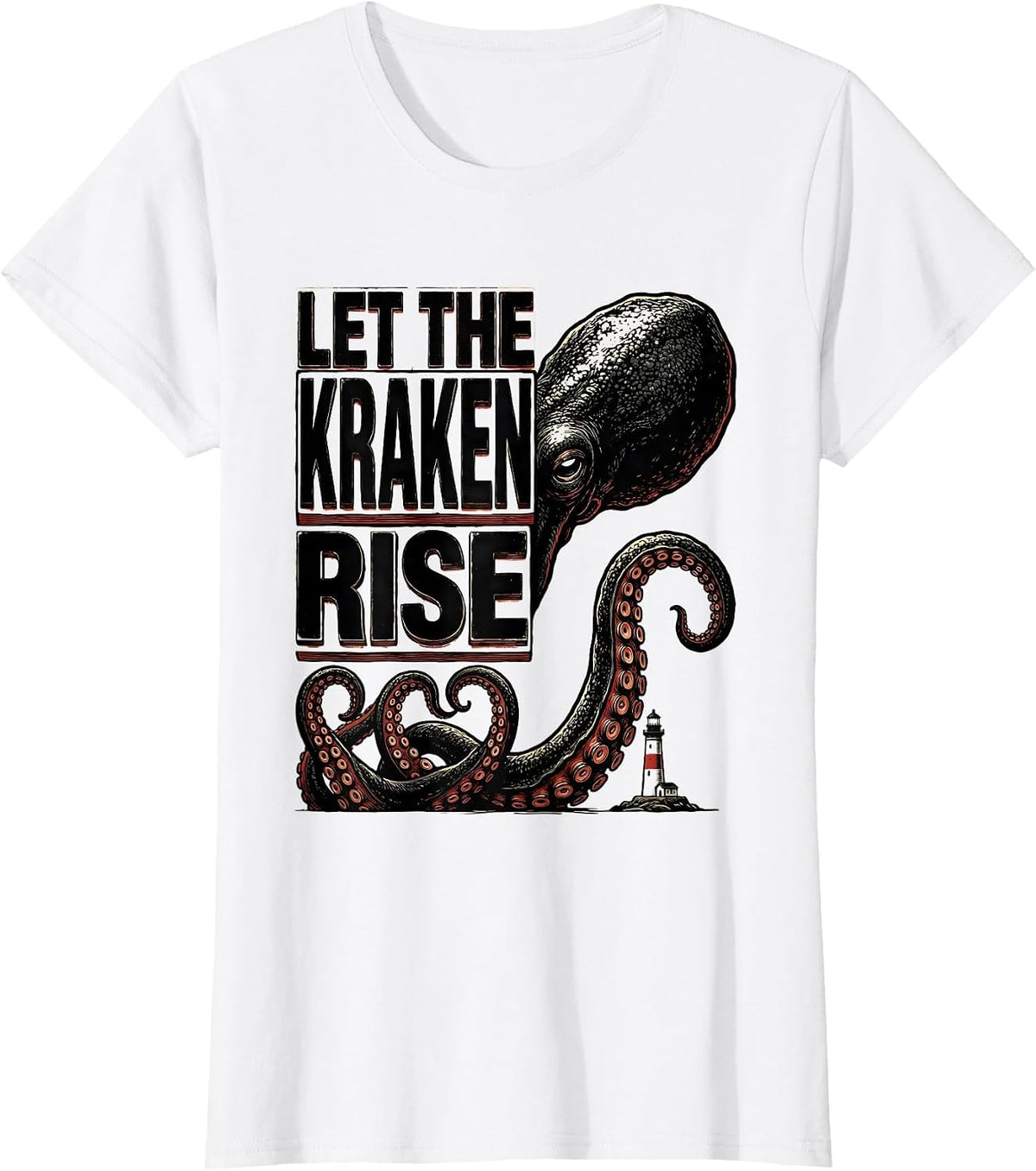 Let The Kraken Rise Wood Type Letterpress Octopus Lover T-Shirt - White