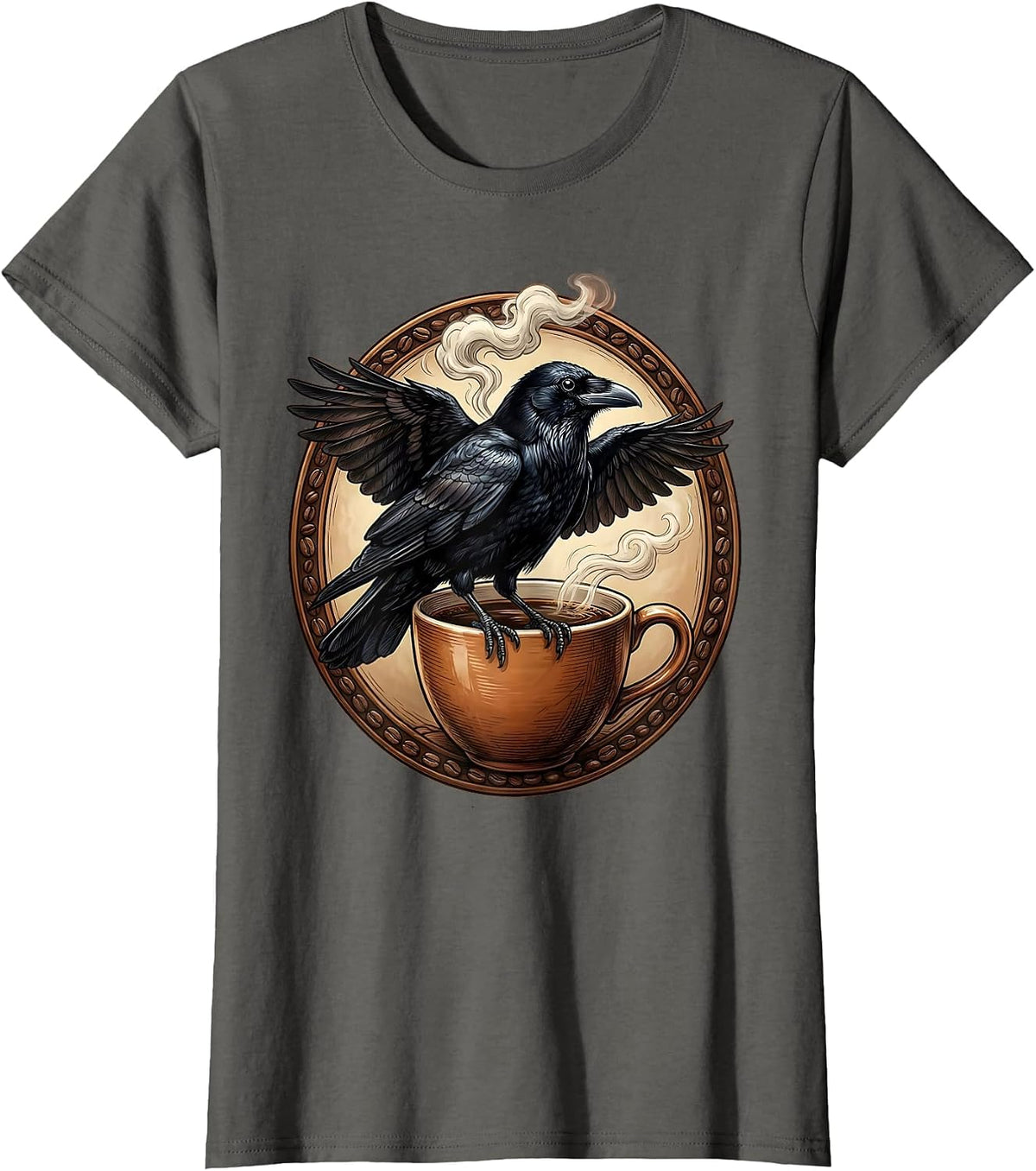 Women's Crow Perched on Steaming Coffee Mug Illustration T-Shirt - Asphalt Grey