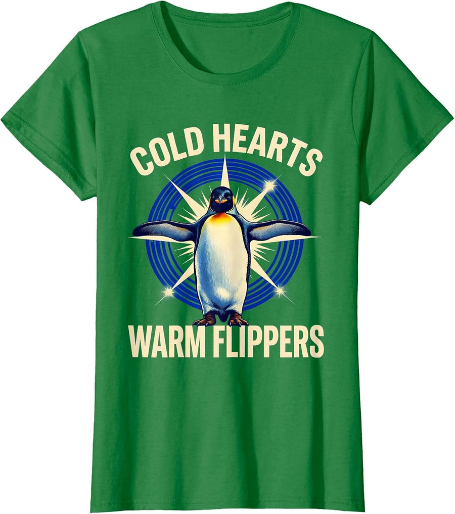 Women's Cold Hearts Warm Flippers Penguin Design T-Shirt - Kelly Green