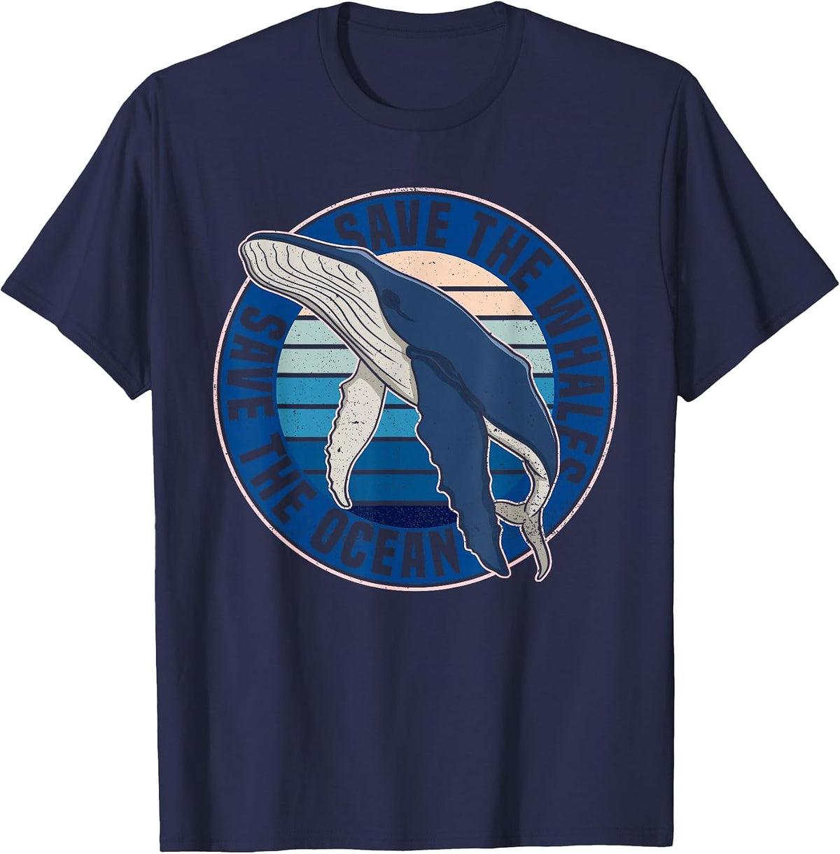 Save The Whales Save The Ocean Whale Lover Retro T-Shirt - Navy Blue