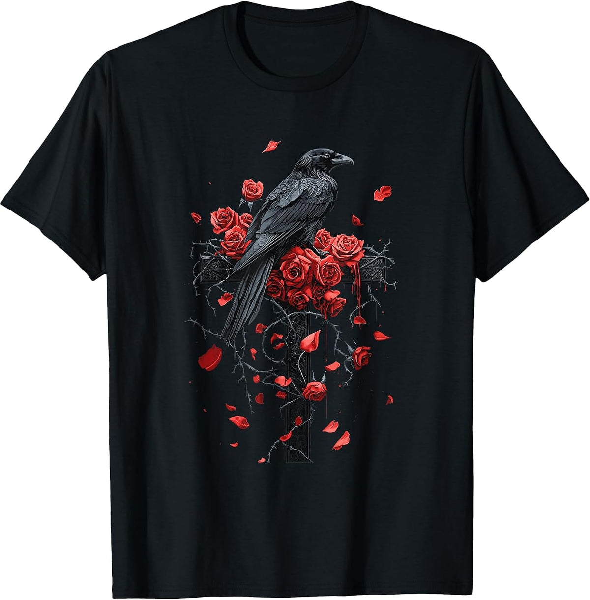 Raven with Roses on Cross Gothic T-Shirt - Black