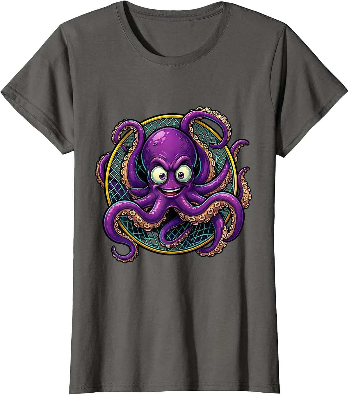 Women's Deep Sea Octopus Soccer Goal Net Illustration T-Shirt - Asphalt Grey