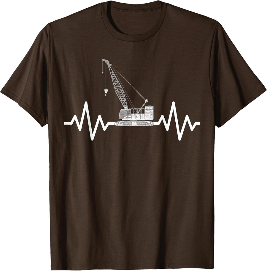 Crane Operator Heartbeat Construction Design T-Shirt - Brown