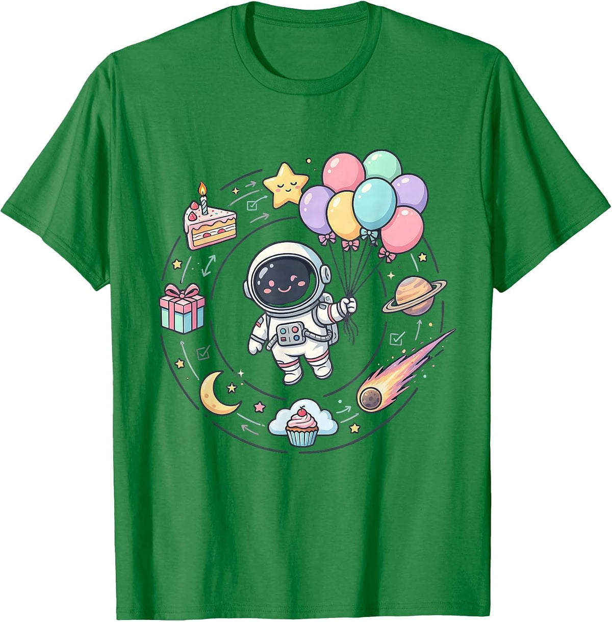 Men's Astronaut Birthday Balloons Space Illustration T-Shirt - Kelly Green