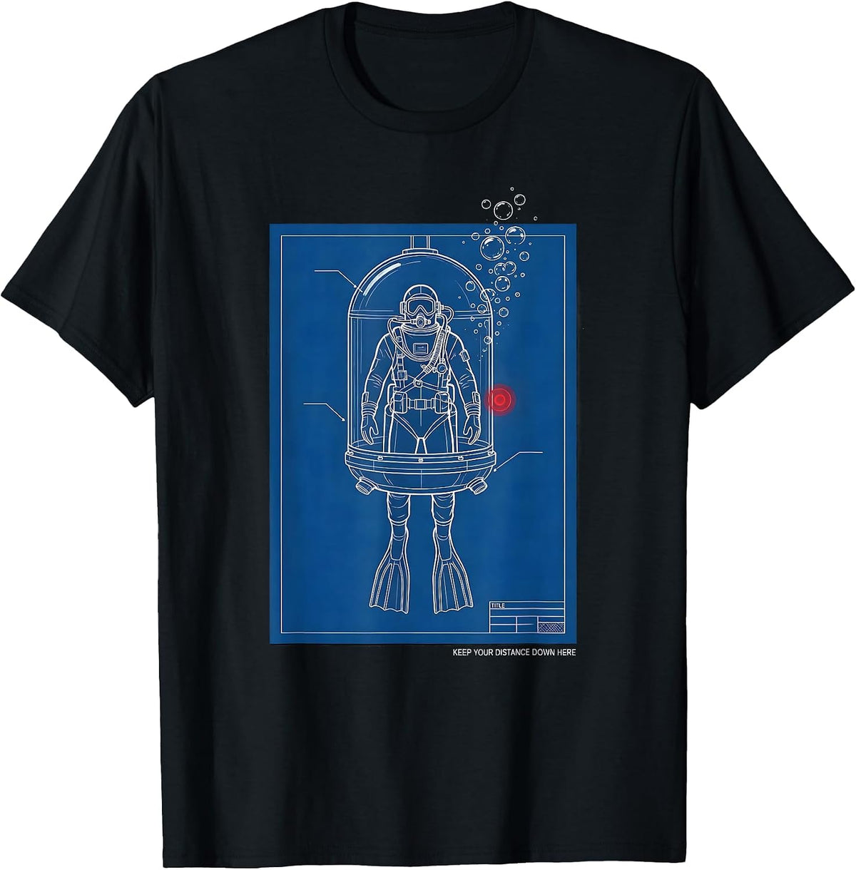 Men's Keep Your Distance Down Here Technical Blueprint Scuba Diver T-Shirt - Black