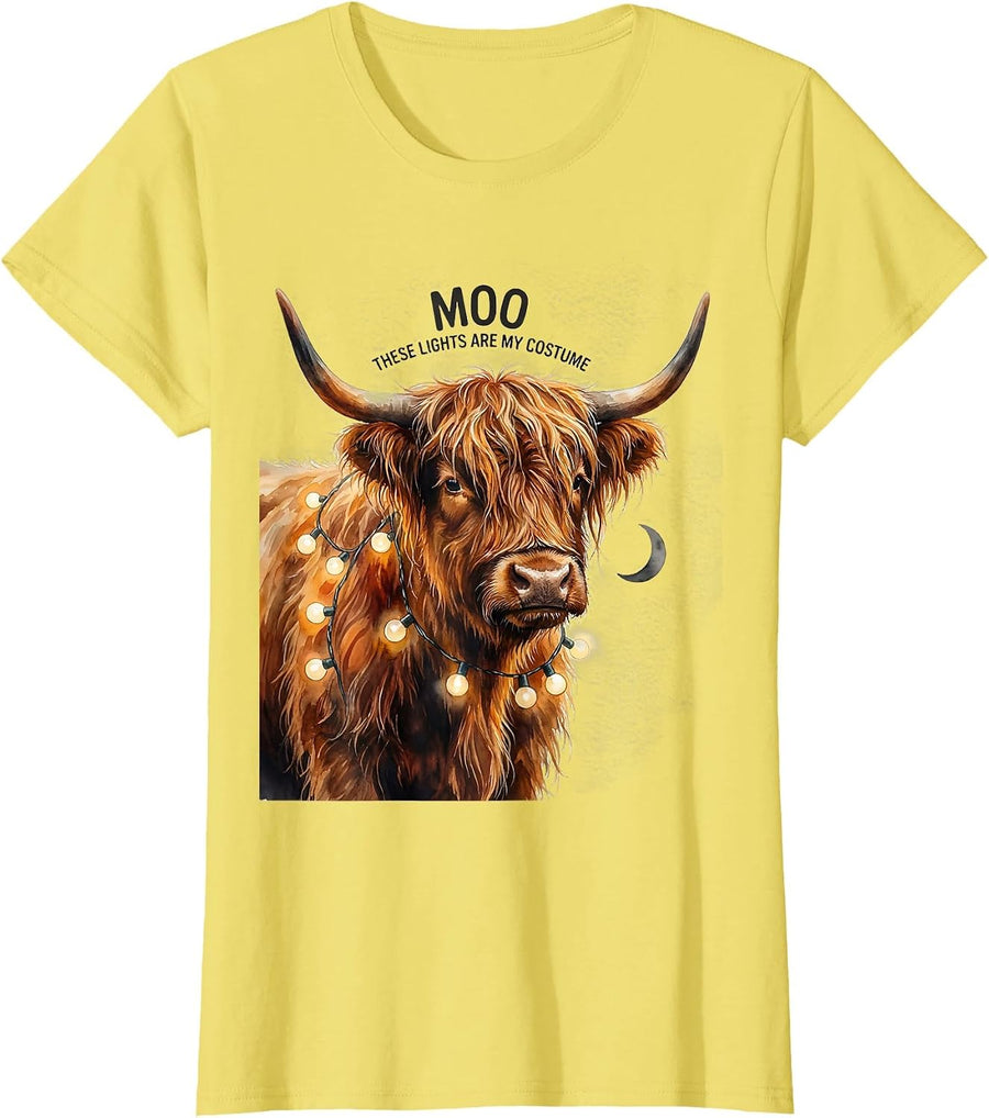 Moo These Lights Are My Costume Watercolor Highland Cow T-Shirt - Lemon Yellow