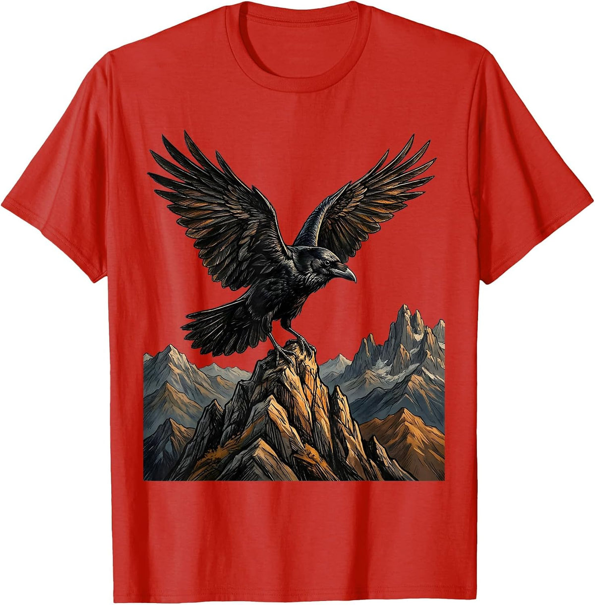 Men's Crow With Outstretched Wings On Mountain Peak T-Shirt - Red