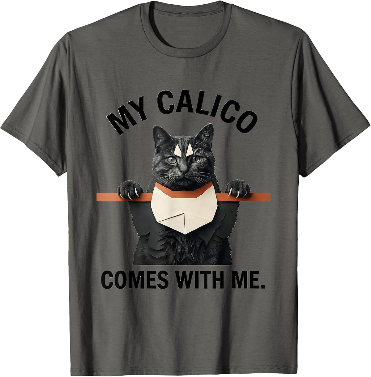 My Calico Comes With Me Cute Cat Lover Pet Pocket Novelty T-Shirt - Asphalt Grey