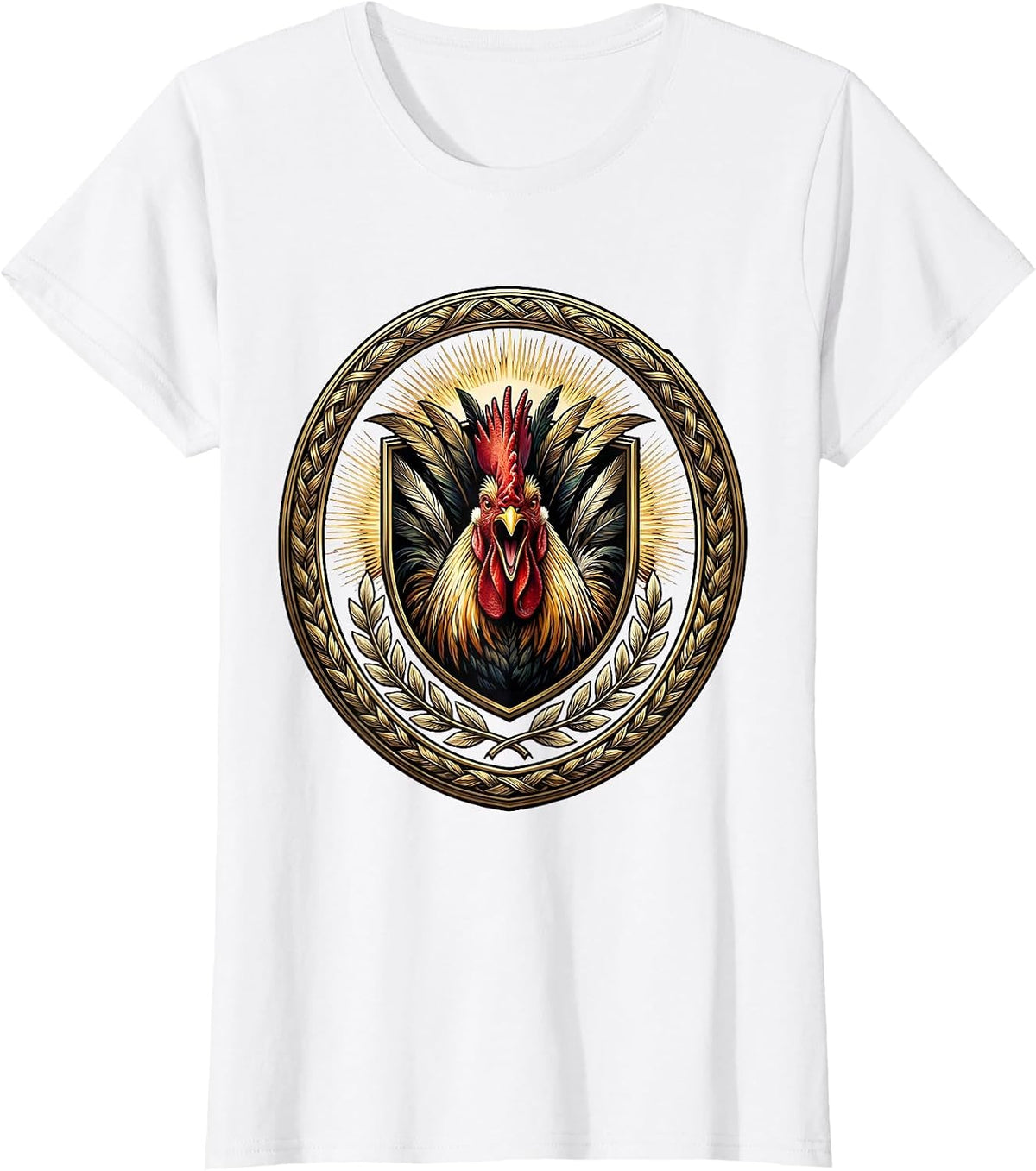 Rooster Crowing at Dawn Sunrise Illustration T-Shirt - White