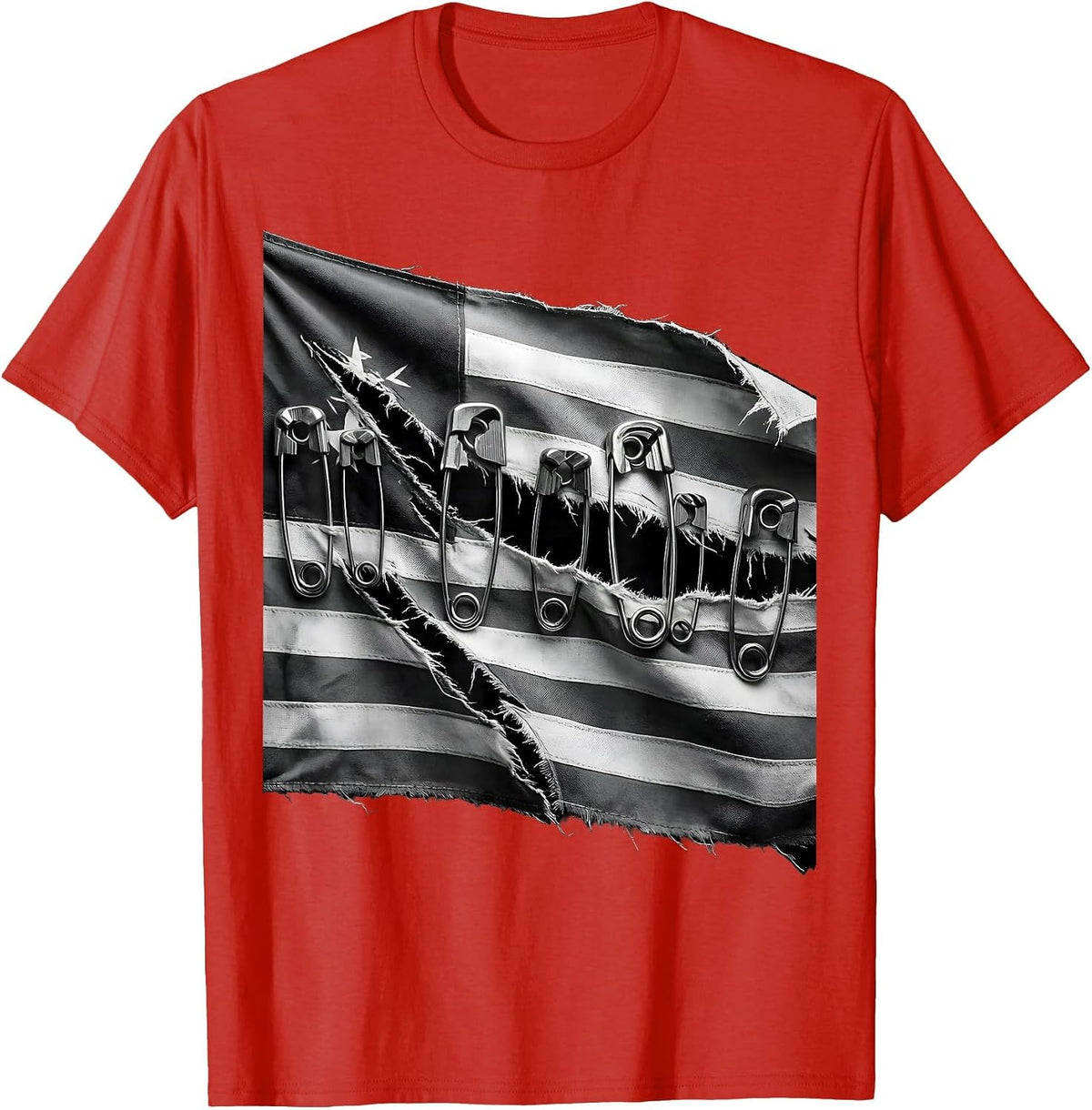 Men's Punk Torn Flag Safety Pin Repair Graphic T-Shirt - Red