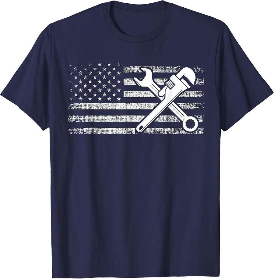 Patriotic American Flag Plumber T-Shirt - Navy Blue