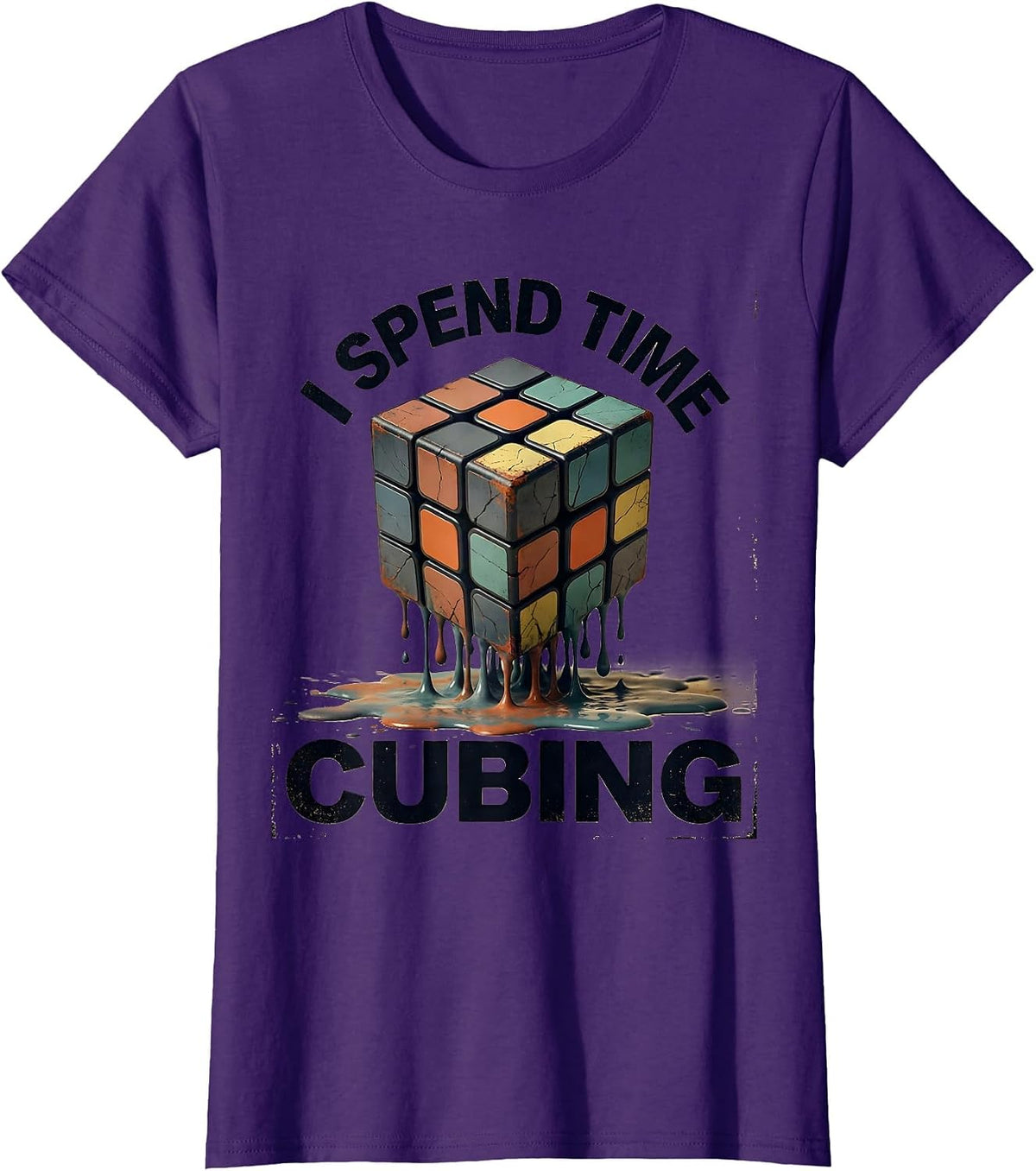 Women's I Spend Time Cubing Distressed Speed Cubing Puzzle Lover T-Shirt - Purple