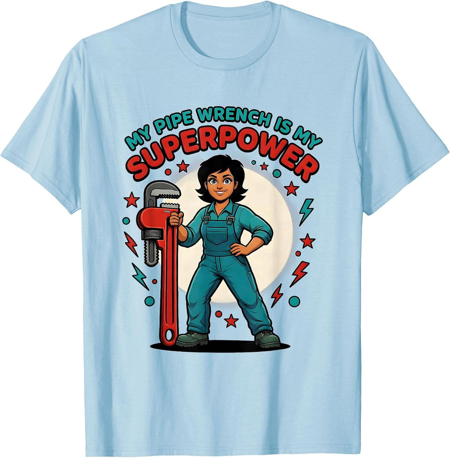 Men's MY PIPE WRENCH IS MY SUPERPOWER Cartoon Plumber Pride T-Shirt - Baby Blue