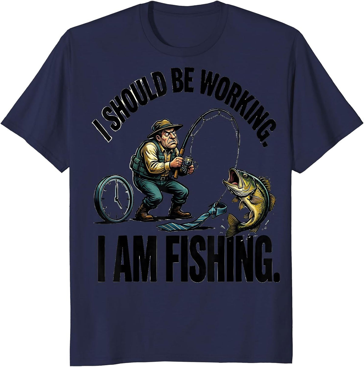 Men's I Should Be Working. I Am Fishing Funny Fisherman Humor T-Shirt - Navy Blue