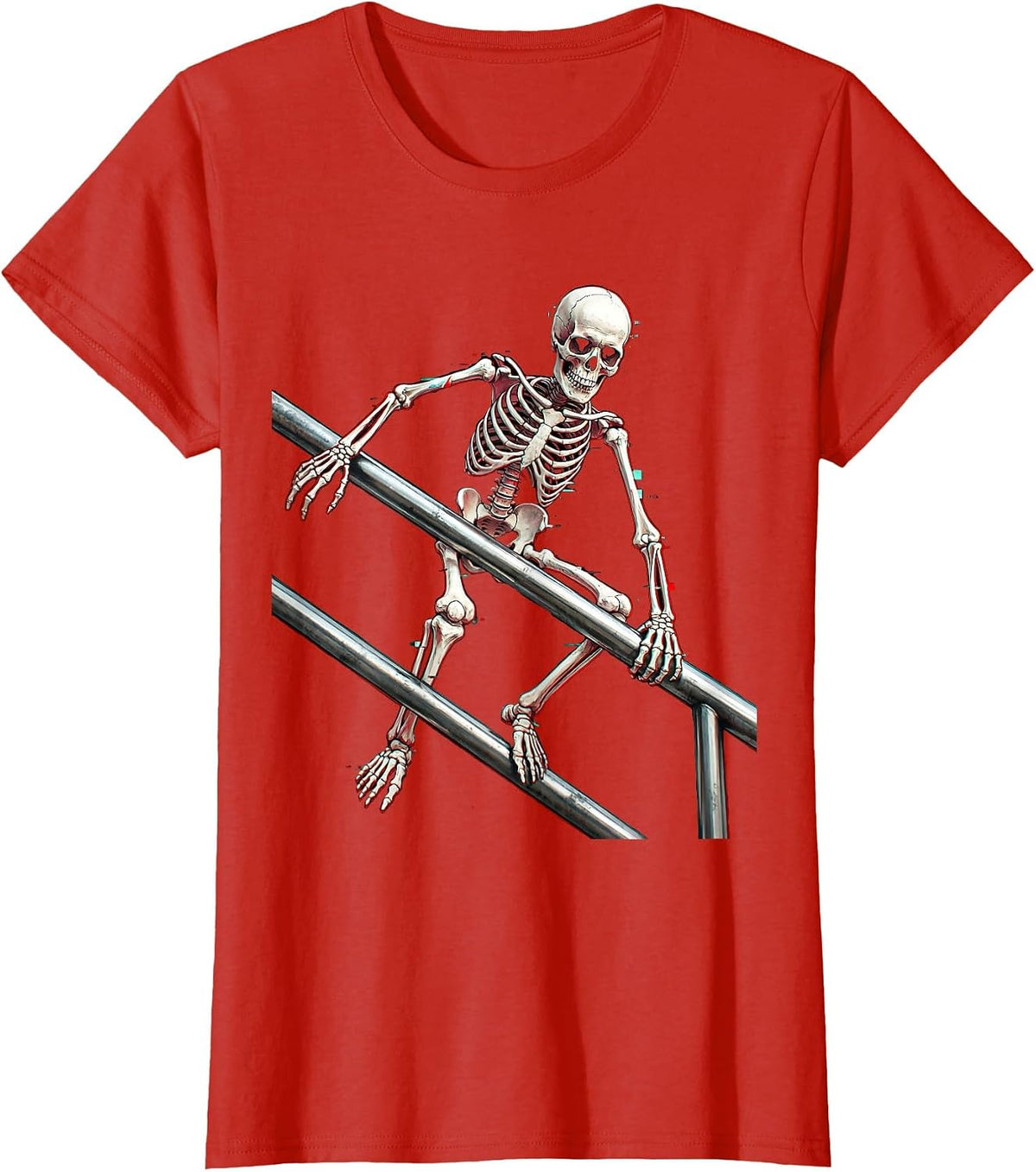 Skeleton Skater Grinding Handrail Graphic Tee T-Shirt - Red