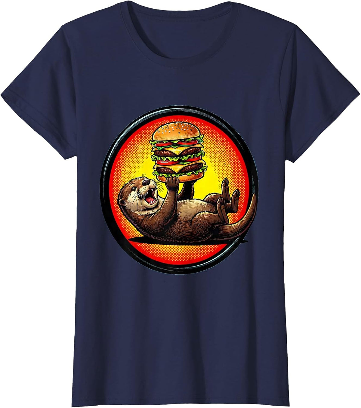 Women's Otter Floating and Eating Hamburger Funny Design T-Shirt - Navy Blue