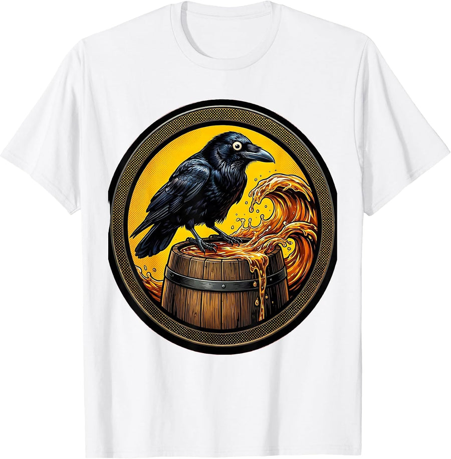 Men's Crow on Whiskey Barrel Halloween Graphic T-Shirt - White