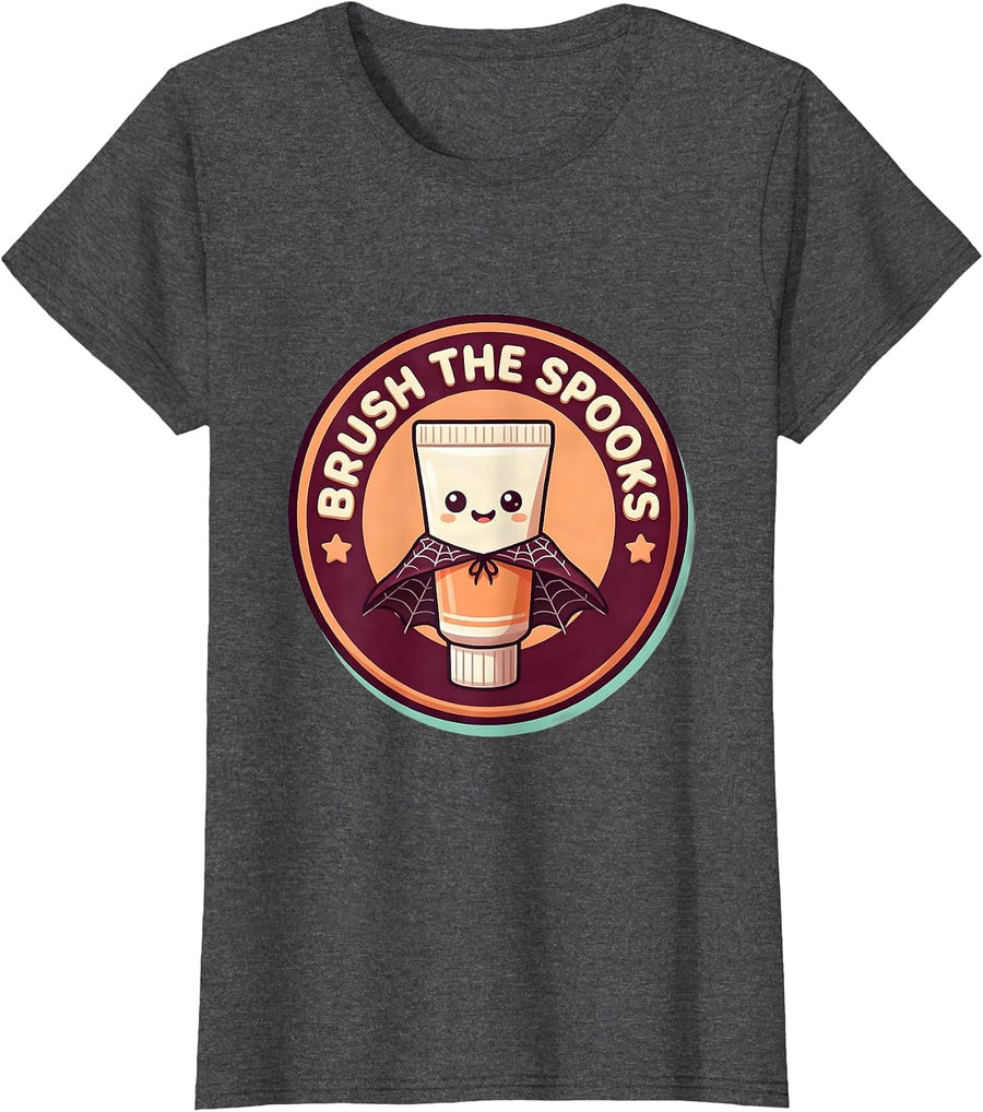 Women's Brush the Spooks Cute Kawaii Halloween Dentist Dental Humor T-Shirt - Dark Heather Grey
