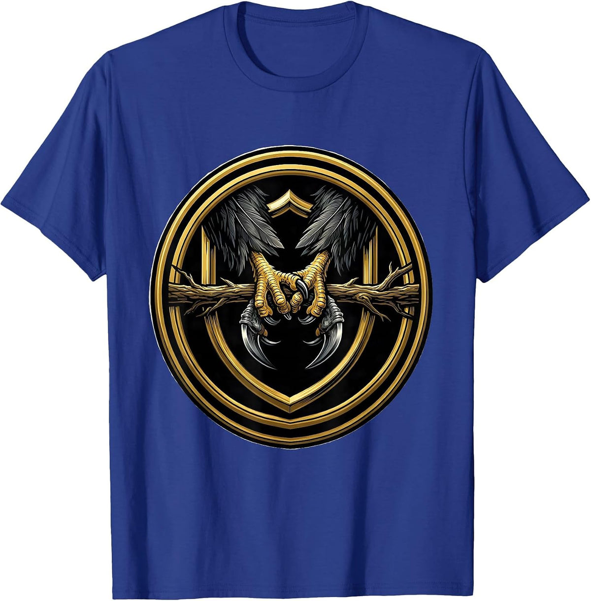 Hawk and Crow Talons Gripping Branch Illustration T-Shirt - Royal Blue