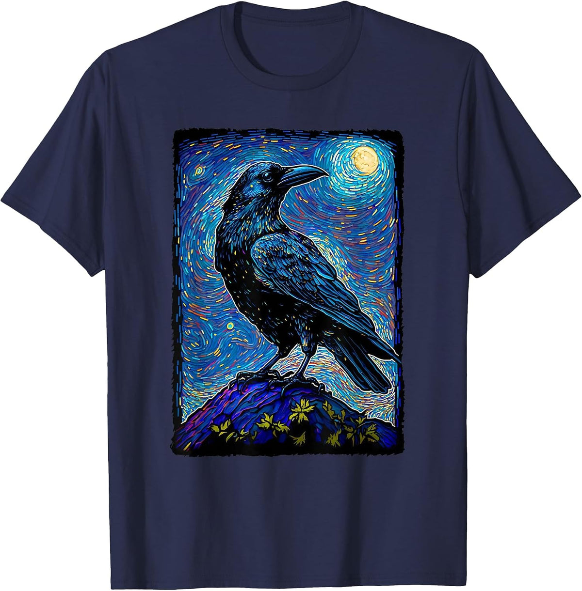 Raven Starry Night Style Painting, Van Gogh Crow Lover T-Shirt - Navy Blue