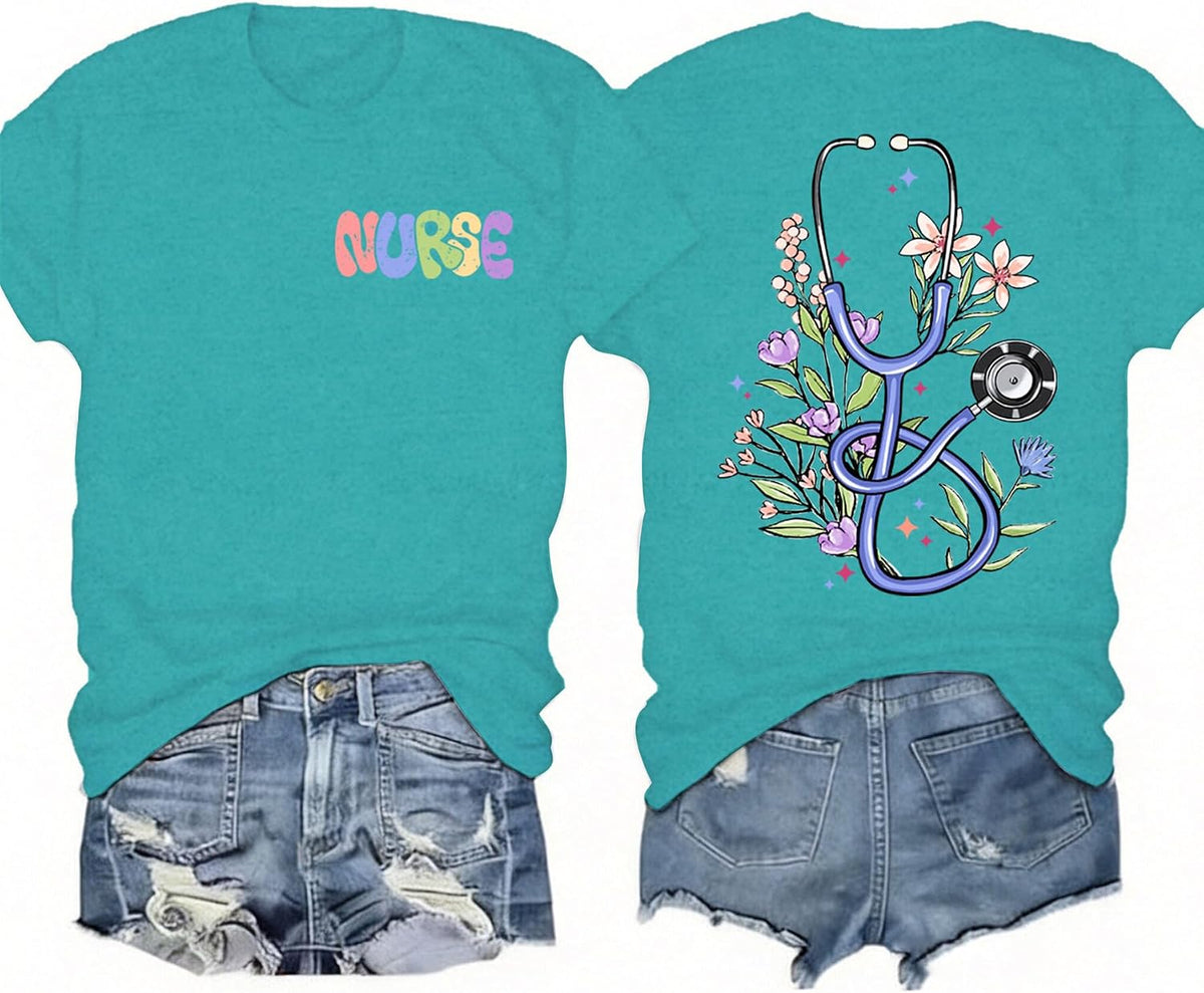 Nurse Shirts for Women Boho Floral Nursing Life Stethoscope T-Shirt Nurses Week Appreciation Tee Tops - Cyan