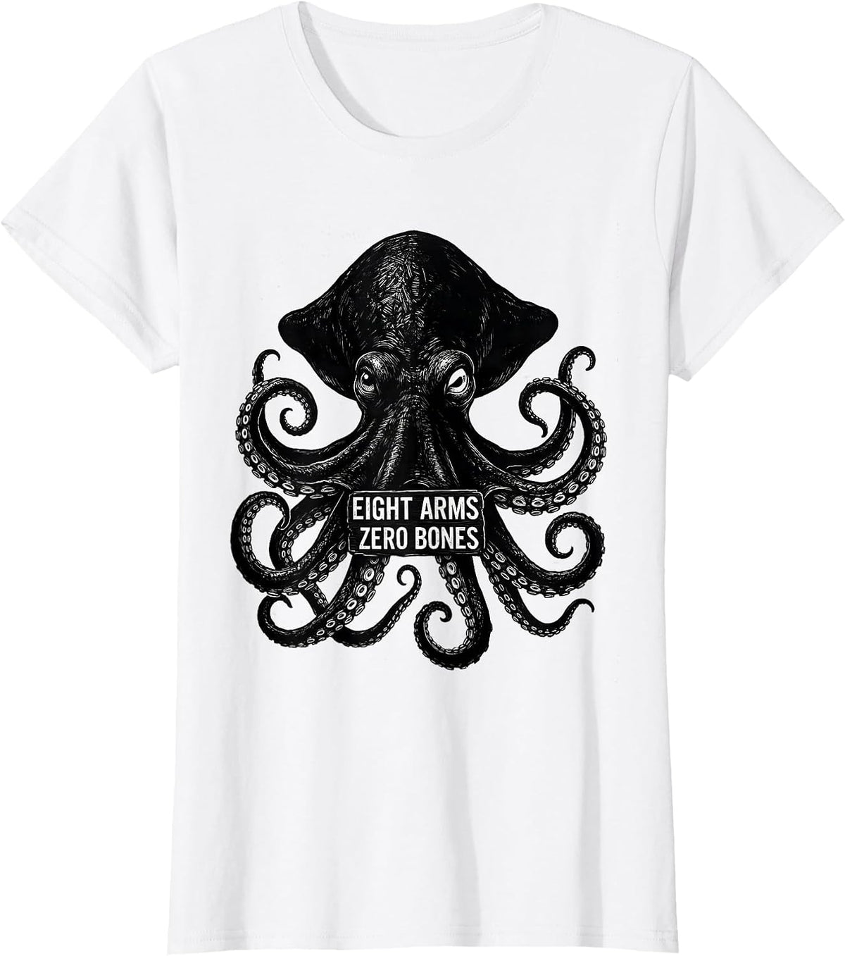 Eight Arms, Zero Bones Scratchboard Octopus Sea Creature T-Shirt - White