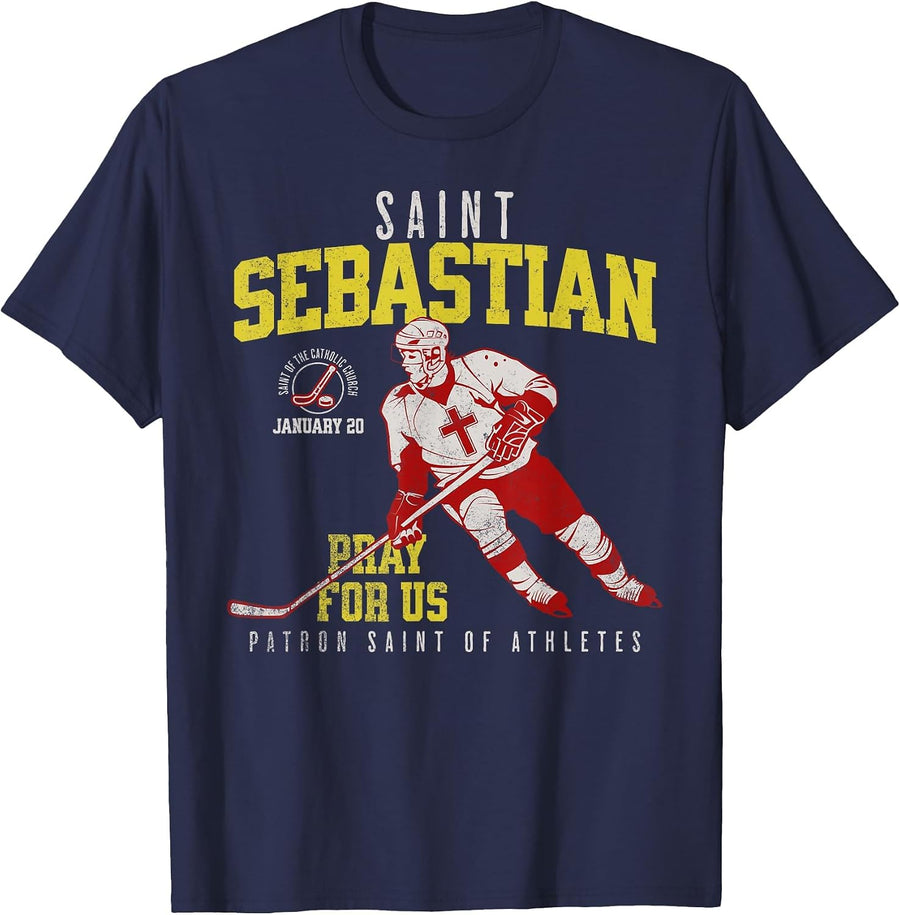St Sebastian Patron Saint of Hockey Ice Sports Athletes T-Shirt - Navy Blue
