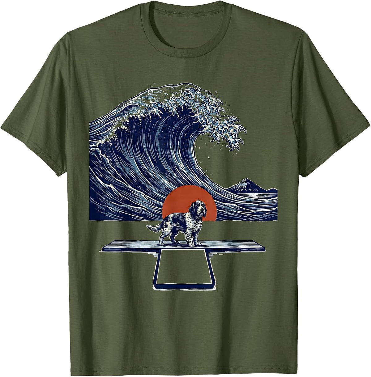 Wirehaired Griffon Surfing Great Wave Dog Breed Art T-Shirt - Olive Green