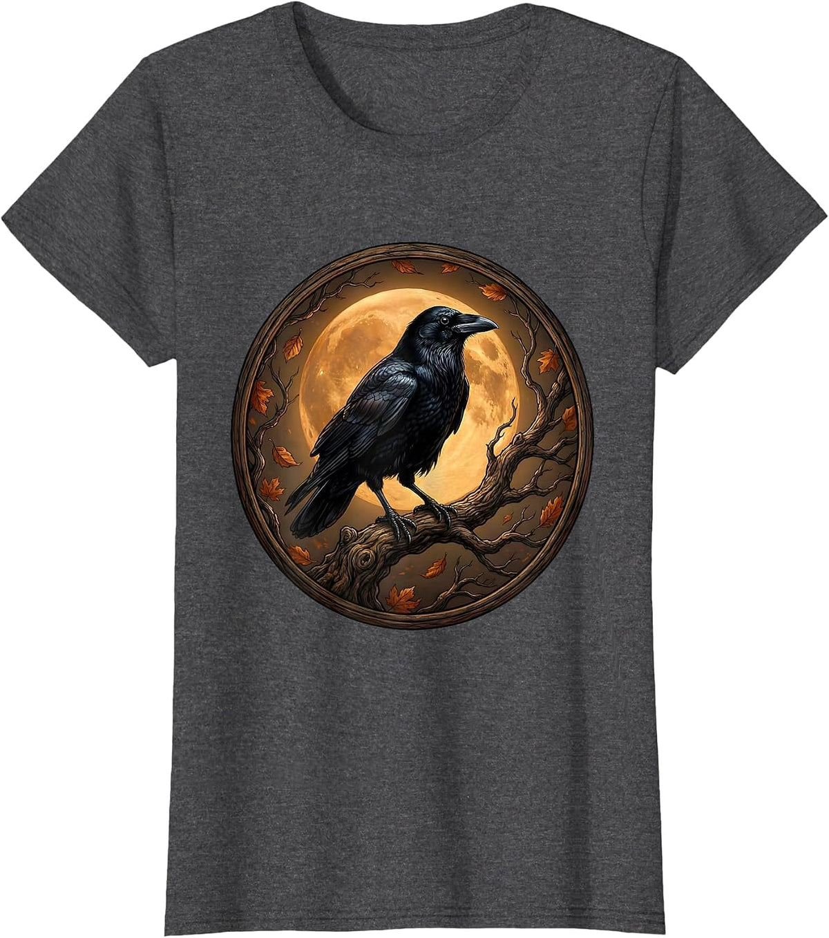 Women's Crow on Bare Branch Autumn Fall Illustration T-Shirt - Dark Heather Grey