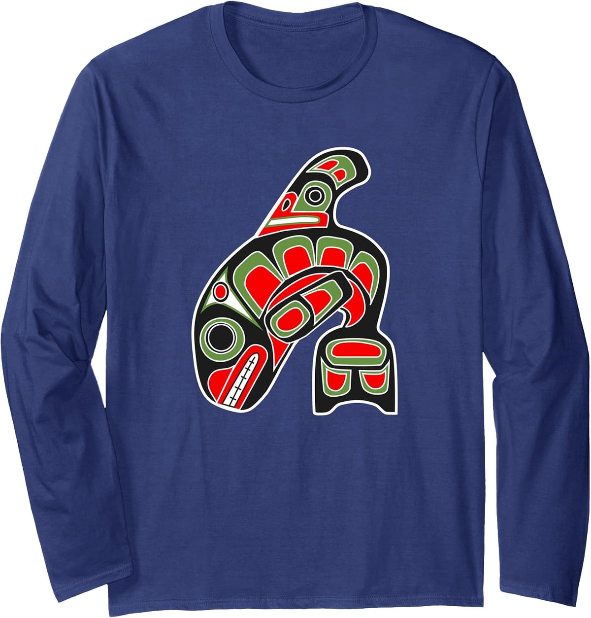 Orca Whale Alaska Haida Art, Native American Totem Tribal Long Sleeve T-Shirt - Adult Unisex Navy Blue
