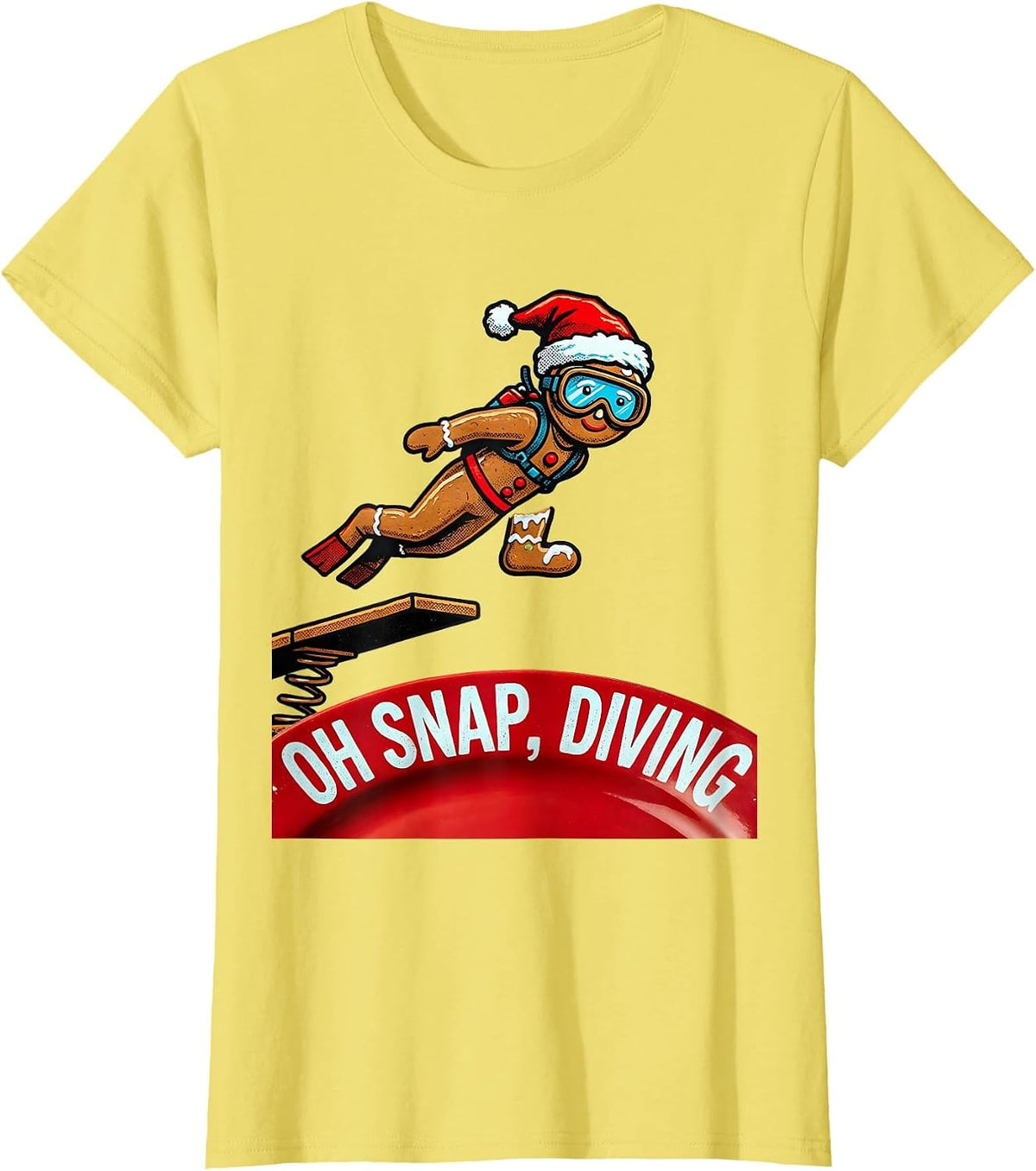 Oh Snap Diving Pop Art Gingerbreadman Christmas Sports Humor T-Shirt - Lemon Yellow