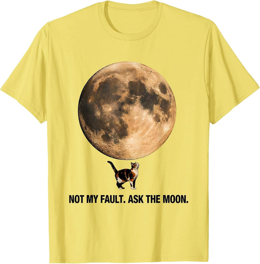 Men's Not My Fault Ask The Moon Minimalist Calico Cat Howling T-Shirt - Lemon Yellow