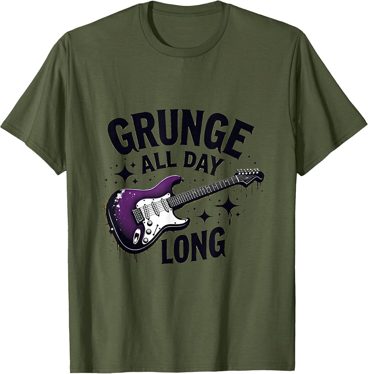 Grunge All Day Long Vintage Music Design T-Shirt - Olive Green