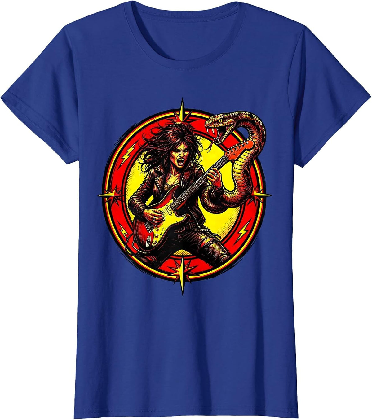 Women's Rock Goddess Snake and Electric Guitar Art T-Shirt - Royal Blue