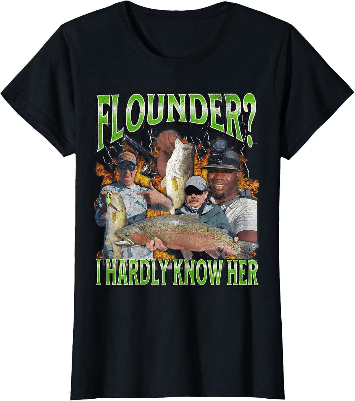 Flounder? I Hardly Know Her Funny Fishing Bootleg Graphic T-Shirt - Black