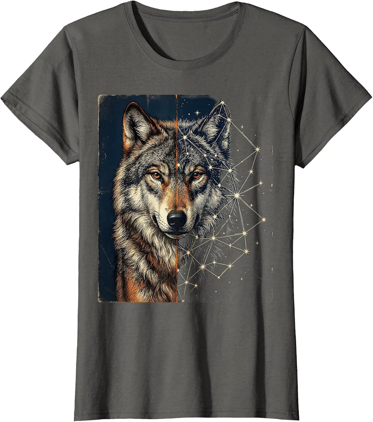 Women's Wolf Constellation Star Map Celestial Night Sky T-Shirt - Asphalt Grey