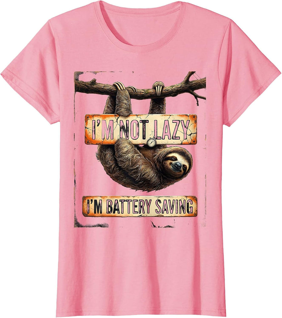 I'm Not Lazy, I'm Battery Saving Funny Sloth Humor Animal T-Shirt, Women, Pink, 3X-Large - As Pictured