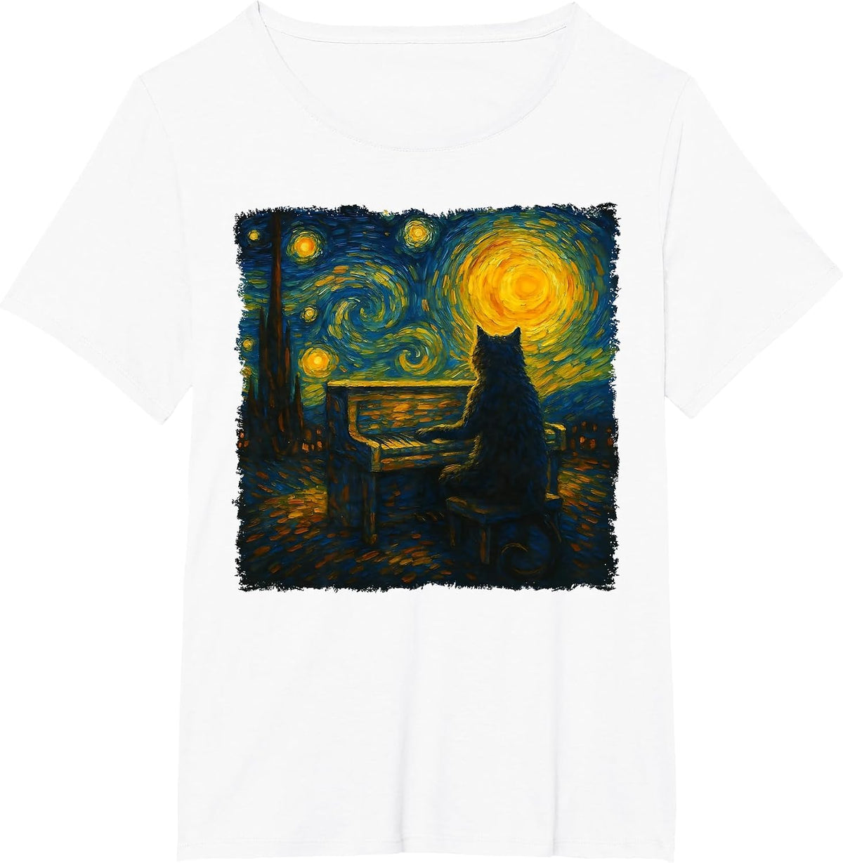 Funny Black Cat Playing Piano Starry Night Vincent Van Gogh T-Shirt - White
