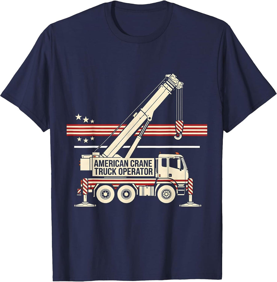 American Crane Truck Operator Patriotic Trucker American T-Shirt - Navy Blue