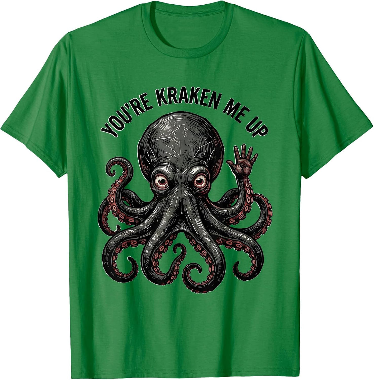 Men's You're Kraken Me Up Playful Linocut Octopus Lover Gift T-Shirt - Kelly Green