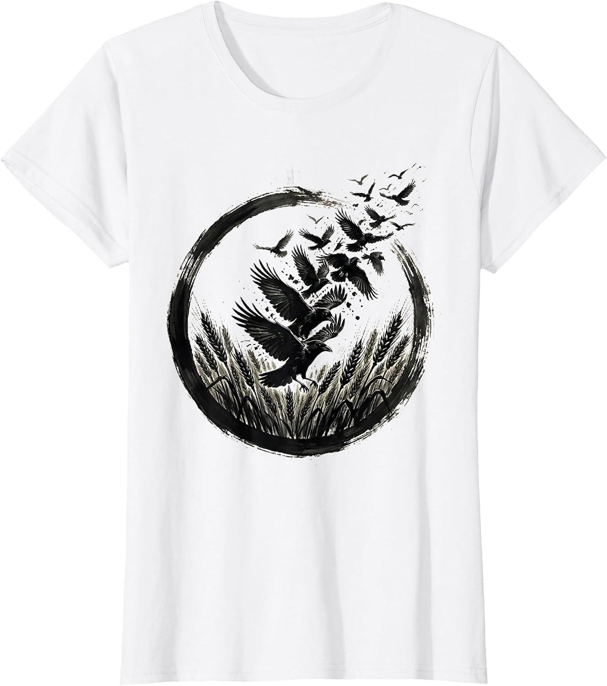 Crows Bursting From Wheat Field Illustration T-Shirt - White