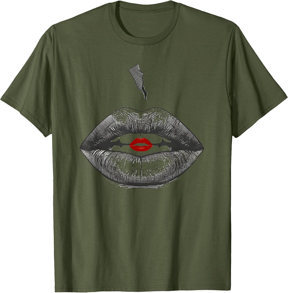 Oversized Open Lip Minimalist Flirty Romance Gift T-Shirt - Olive Green